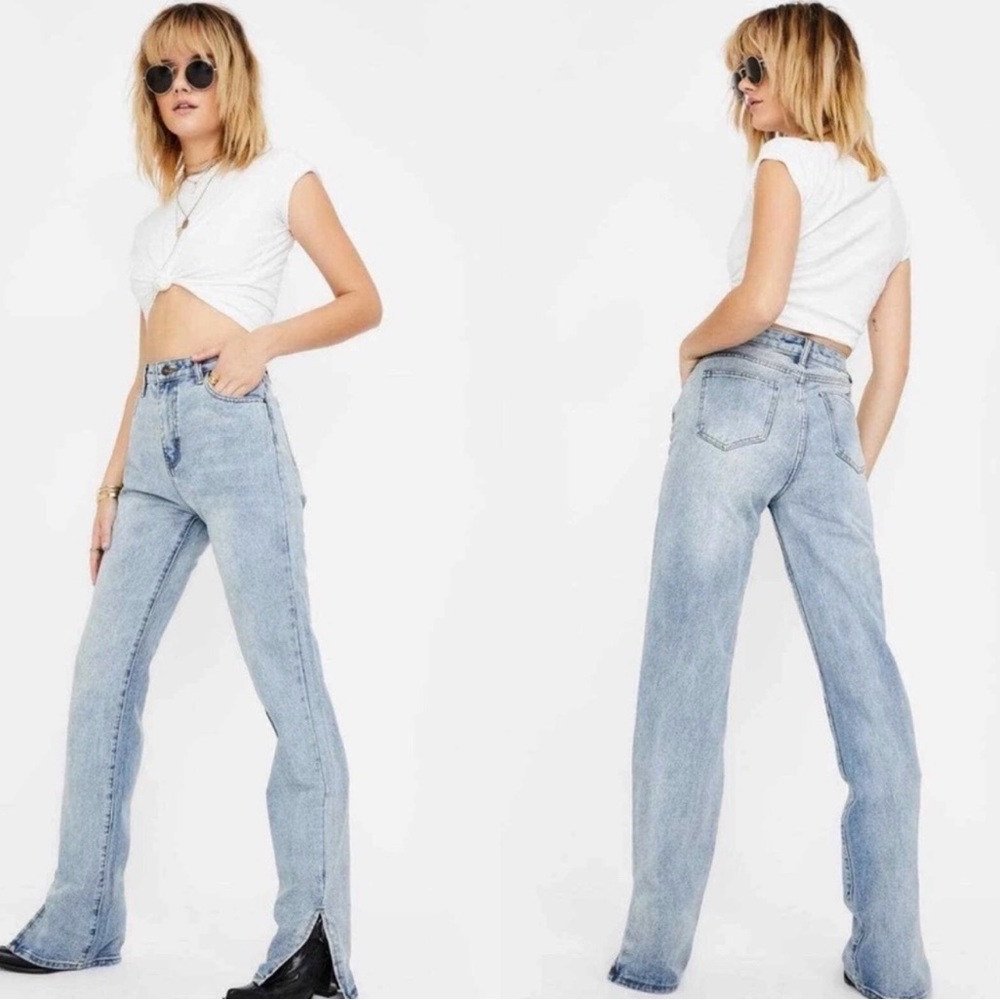 LIONESS High Rise Split Hem Jeans in Light Blue